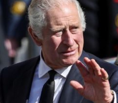 A photograph of King Charles III in a business suit waving to a crowd