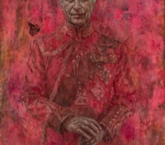 A portrait painting of King Charles III in a red military uniform against a red background with a butterfly hovering above his right shoulder.