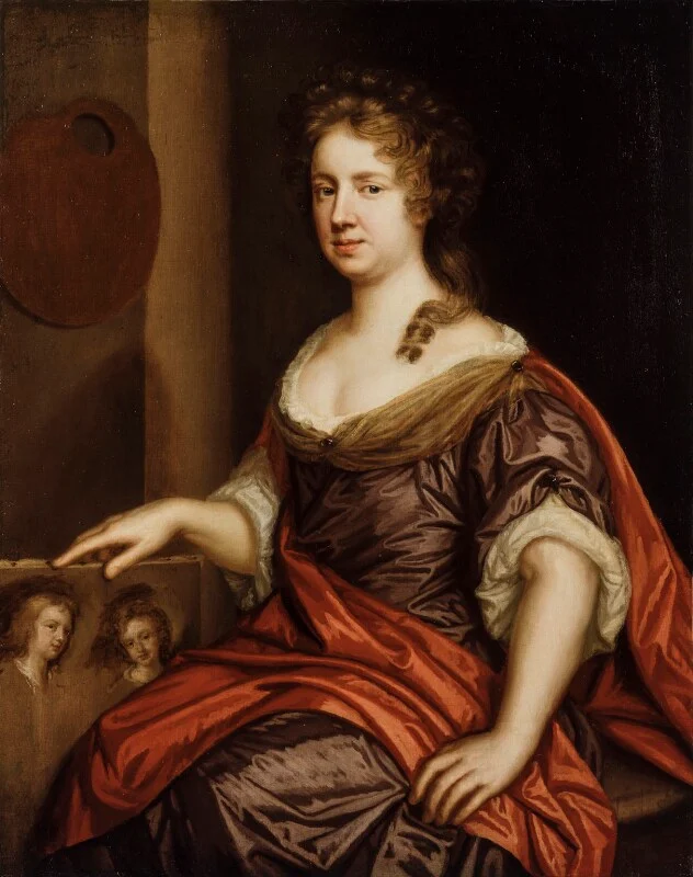 A seventeenth-century portrait of a woman holding a panel with sketches of two young boys.