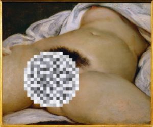 A censored image of an exposed female torso with the legs spread.