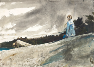 A watercolor study showing a young woman with blonde braids sitting on a hillside.
