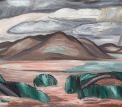 A landscape painting showing the New Mexico desert with hills and storm clouds in the background.