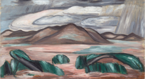 A landscape painting showing the New Mexico desert with hills and storm clouds in the background.