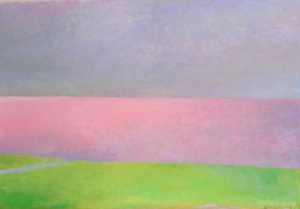 A canvas divided into three horizontal bars of color, with green on the bottom, pink in the middle, and pale purple on top.