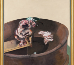 An abstract painting of a nude man crouching down on a board.