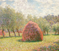 An Impressionist painting of haystacks in a field.