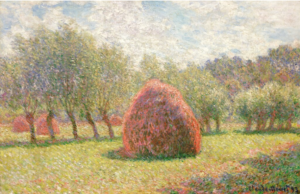 An Impressionist painting of haystacks in a field.