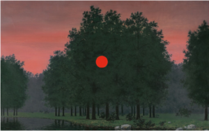 A surrealist landscape showing a red sunset but with the sun disc in front of the treeline.