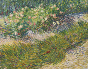 A painting of a closeup of bushes and grasses with a butterfly.
