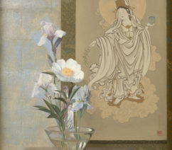 A still life painting of white peonies in a bowl with a Buddhist textile in the background.