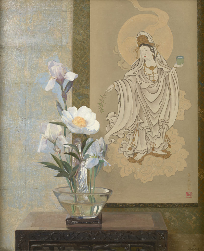 A still life painting of white peonies in a bowl with a Buddhist textile in the background.