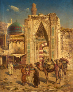 A painting of a town in the Middle East or North Africa, with several people and camels outside the stone gate.