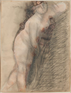 A pencil and watercolor sketch of a nude woman