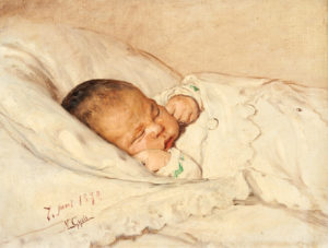 A painting of a newborn against white sheets.