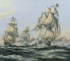 A painting of two 18th-century French ships pursuing a British frigate.