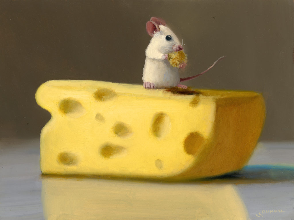 A painting by Stuart Dunkel titled 'Import' featuring Chuckie the mouse perched on top of a block of Swiss cheese, holding a piece and taking a bite.