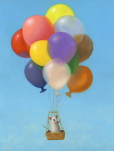 A painting by Stuart Dunkel titled 'Joy Ride' featurying chuckie the mouse in a hot air balloon basket flying from different colored balloons.