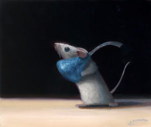 A painting by Stuart Dunkel titled 'Kiss Taker' of Chuckie the mouse holding a blue Hershey's Kiss.