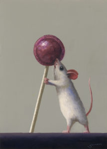"A painting by Stuart Dunkel titled 'Lolly Lick' featuring Chuckie the mouse licking a purple lollipop.
