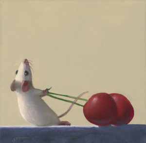 "A painting by Stuart Dunkel titled 'On the Take' featuring Chuckie the mouse pulling two cherries by their stems.