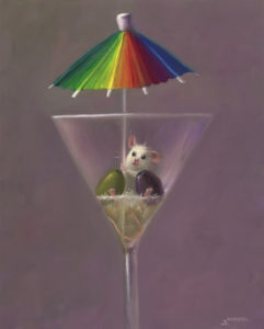 "A painting by Stuart Dunkel titled 'Safe Haven' featuring Chuckie the mouse inside a dirty martini glass with a rainbow umbrella garnish sticking out of the cup.