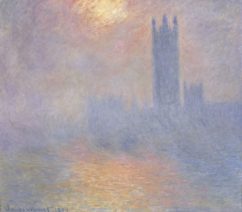A Monet painting of the Parliament in London sit by sunlight through fog