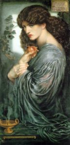A portrait of a brunette woman holding a pomegranate.