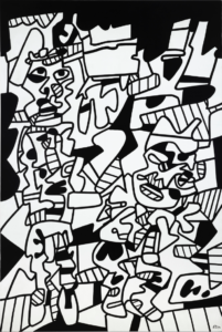An abstract painting of black and white shapes and lines.