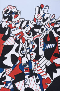 An abstract painting mainly of white, black, blue, and red shapes and lines.