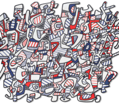 An abstract painting of white, black, red, and blue lines on an irregularly shaped board.