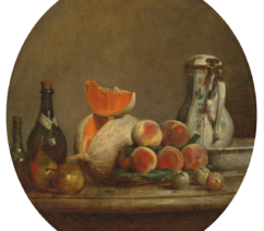 An 18th century still-life painting of a sliced melon on a table surrounded by various other objects.