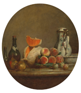 An 18th century still-life painting of a sliced melon on a table surrounded by various other objects.