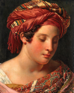A portrait of a young woman in a red turban.