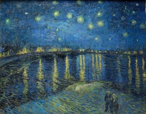 A Vincent van Gogh post-Impressionist night scene showing stars shining over a river.