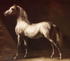 A painting of a grayish white horse.