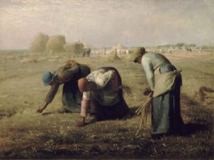 A 19th century painting showing three peasant women collecting loose grains of wheat in a field.