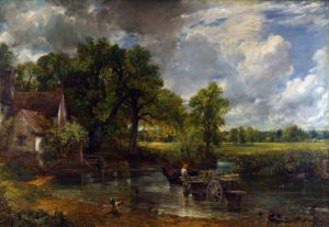A landscape of the English countryside with a horse-and-cart crossing a river in the foreground.