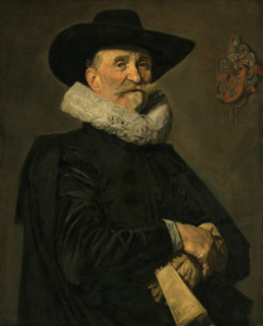 A 16th century portrait of an older man with a large white moustache, a ruff, and a black, wide-brimmed hat.