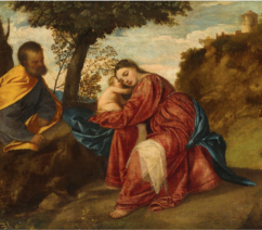 A biblical scene of Mary, Joseph, and the baby Jesus resting under a tree