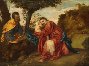 A biblical scene of Mary, Joseph, and the baby Jesus resting under a tree