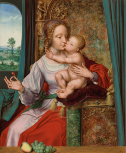 A Madonna & Child portrait with the Virgin Mary holding a cherry.