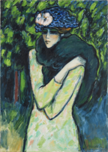 A post-impressionist-style portrait of a woman with red hair, a dark blue shawl and a light blue hat