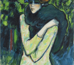 A post-impressionist-style portrait of a woman with red hair, a dark blue shawl and a light blue hat
