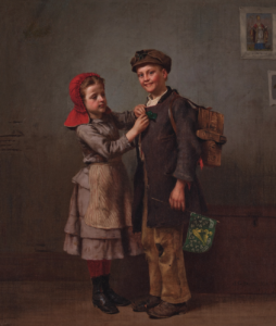 A 19th century painting of a young girl pinning a green ribbon on her brother's jacket for St. Patrick's Day.