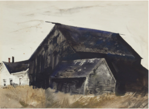 A watercolor sketch of an old barn