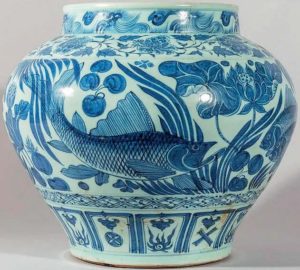 Chinese blue and white fish jar in the Yuan style.