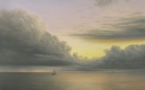 painting of a boat setting out to sea