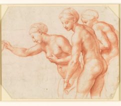 A red chalk drawing of three nude women in various poses.