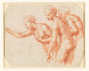 A red chalk drawing of three nude women in various poses.