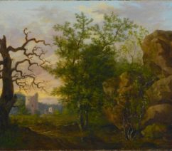 A landscape painting with a barren tree on the left-hand side.